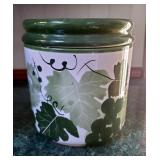 Ceramic Utensil Holder With Utensils And Matching Cookie Jar, Lidded Cannister, And Wood Recipe Card