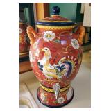 Ceramic Pedestal Beverage Dispenser With Rooster Motif, 21in Tall, And Ceramic Clay Art Hand Painted