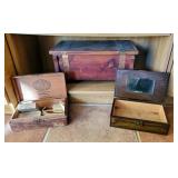 Antique Wood Boxes, Qty 2, 8.5in x 18in x 9.5in And 3in x 10in x 6in, Contents Include Vintage Baby 