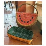 Longaberger Lined Woven Basket With Leather Handles 15in Long, And Woven Watermelon Basket With Hing