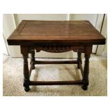 Antique Draw Leaf Accent Table With Carved Front And Turned Legs, 20in x 34in x 14in