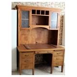Solid Wood Antique 7 Drawer Desk, Married With Contemporary 2 Door Glass Front Topper, Desk Measures