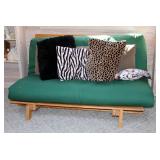 Slat Wood Tri Fold Futon Loveseat, Includes Throw Pillows And Mattress, 32in x 60in x 36in