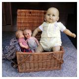 Vintage Rubber Sleepy Eyed Baby Dolls, Qty 3, Including Wicker Picnic Basket