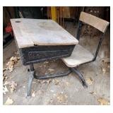 Antique Wood Flip Top Student Desk With Iron Base, 25in x 23.5in x 28in