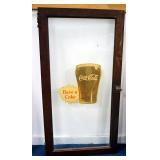 Vintage Glass Cabinet Door With Coca-Cola Label and Image On Front, 25.5" Wide x 40" High