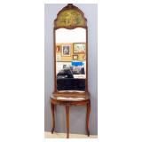 Antique Hall Tree With Semi Circle Table, Mirror (With Wire For Wall Hanging) And Glass Table Top, C