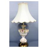 Porcelain And Brass Table Lamp With Floral Urn Style Design, 36" High, May Need Repair