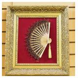Ornate Hand Fan Mounted In Frame, 15.5" Wide x 17" High