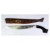 WWII Era Bolo Machete, Made In Philippines,16" Blade, Wood Scabbard Has Mother Of Pearl Inlay And Tr