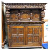 16th Century Carved And Inlaid Elizabethan Court Cupboard, Has Lion Head Crown & 4 Cabinet Doors, 72