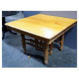 Antique Rolling Solid Oak Dining Table With Turned Wood Legs, 30" High x 42" Wide x 42" Deep