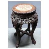 Antique Carved Wood Plant Stand With Claw Feet And Granite Top, 18.5" x 12"