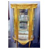 Antique Rounded Glass Painted Curio Cabinet With Wood Accent Trim And Glass Shelves, Includes Key, 5