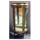 Antique Lighted Rounded Glass Front Curio Cabinet With Metal Accent Trim And Glass Shelves, With Key