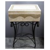 Stone Veneered Hinged Storage Box On Wrought Iron Stand, 26.5" x 16" x 10"