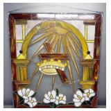 Leaded Stained Glass Panel With Holy Crown, Cross, And Sunburst, 21" x 19"