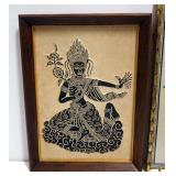 Framed Wall Art Of Balinese Folk Art Dancers 32" x 12.5" And Thai Block Print On Textured Paper 26" 