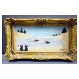 Carol Eytinge Original Framed Painting Depicting Nuns Ice Skating, Circa 1950s, 8.5" x 14.5"