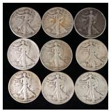 Walking Liberty Half Dollars, Years Include 1935 S, 1936, 1941 S, 1942, 1942 D, 1943 (2), 1944, And 