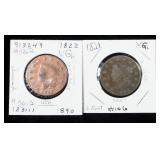 1821 And 1822 Coronet Large Cents