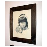 Barnwood Framed Under Glass Benny Gatley Sketch Of Little Girl With Brittany Spaniel Pup, Signed And