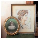 Framed Matted Under Glass Portrait, 23in X 18.75in, Unknown Medium And Oval Framed Child