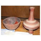 Anasazi Style Black On Red Pottery Bowl, 9in Diameter, And Quapaw Polychrome Swirl Bottle Copy, 12in