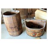 Antique Slat Wood Nail Keg And Wood Basket With Leather Wrapped Handle 