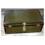 Vintage Military Flattop Trunk With Leather And Brass Accents With Insert, 12.5in x 31in x 16.5in