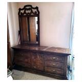 Solid Wood 9 Drawer Vanity With Offset Attached Mirror And Brass Hardware, 31in X 72in X 19in, Mirro