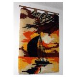 Hooked Yarn Sailboat Wall Hanging, 40in X 28in, And Decorative Mirrors, Qty 2, Both Measure 31in X 5
