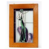 Stained Glass Style Sun Panel Of Late 1920s Woman, 21" Wide x 31.5" High, Some Cracks