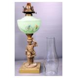 Brass And Glass Oil Lamps With Children Design, Qty 2, Each With Hurricane Shades