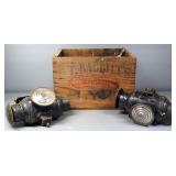 Antique Automobile Oil Lamps, Qty 2, Believed To Be Model T, In Wood Crate