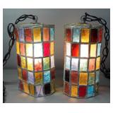 Pair Of Multi Colored Glass Panel Swag Lamps, Both Power On