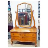 Antique Serpentine Front Lowboy Dresser With Beveled Glass Mirror, On Wheels, 26" H x 44" W x 20" D,