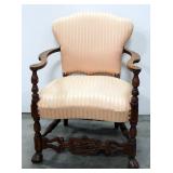 Antique Arm Chair With Upholstered Back And Seat, With Claw Feet, 32.5" High