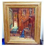 Richard-Leon Leutenez (Belgian, 1871-1963) "Interior Stairwell" Oil On Canvas, Framed, 31.5" Wide x 
