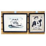 John Pierotti (PM Daily Newspaper Artist) Drawings With Personalized Letters On Back, Qty 2, (1 Orig