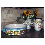 Stoneware Bowl With Crackle Glaze, 17" Round, And Painted Ceramic Vases, Qty 2