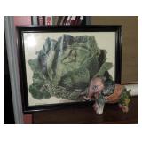 Vilmorin Andreux & Co Signed Print, Framed Under Glass, 21.75" x 27", And Ceramic Garden Elephant