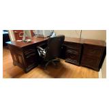 Five-Drawer L-Shaped Executive Desk 31" x 67" x 76", Matching Two-Drawer File Cabinet, And Adjustabl
