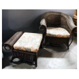 Dark Wicker Style Arm Chair With Intricate Detailing And Matching Footrest, Both With Padded Floral 