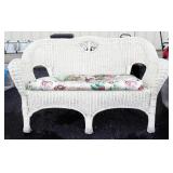 Wicker Patio Bench With Seat Cushion, Approx 52" Long x 30" High And Side Table