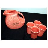 Homer Laughlin Fiesta Persimmon 60th Anniversary Disc Pitcher With Four Matching Cups