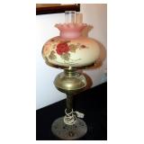 Antique Brass And Glass Hurricane Lamp With Floral Frosted Glass Shade, 27" Tall