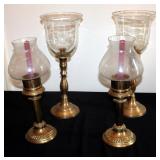 Brass And Glass Hurricane Candleholders Qty 4, 19.75" And 18.25" Tall