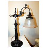 Victorian Style Black Metal Lamp With Glass Etched Pink Edged Shade, 26.5" Tall