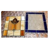 Leaded Stained Glass Window Hangings, One With Blue And Etched Clear Glass 13" x 11", And One With O